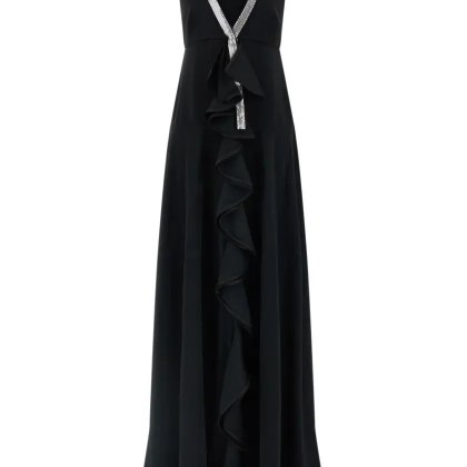 GIOVANNI BEDIN - V-Neck Maxi Dress With Front Ruffles - Größe 44 - schwarz GIOVANNI BEDIN - V-Neck Maxi Dress With Front Ruffles - Größe 44 - schwarz