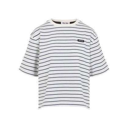 Miu Miu - Horizontal Stripe Cotton T-Shirt - Größe S - weiß Miu Miu - Horizontal Stripe Cotton T-Shirt - Größe S - weiß