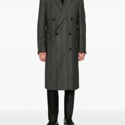 Lardini - Double-Breasted Black Herringbone Coat - Größe 52 - schwarz