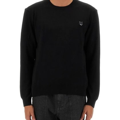 Maison Kitsune - Regular Fit Black Wool Sweater With Patch Detail - Größe XL - schwarz Maison Kitsune - Regular Fit Black Wool Sweater With Patch Detail - Größe XL - schwarz
