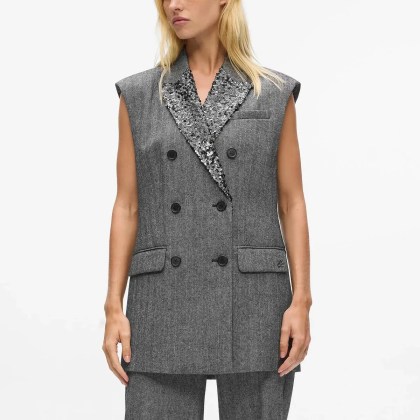 Karl Lagerfeld - Tweed-Weste mit Pailletten-Revers - Größe 42 - grau – Bild 4