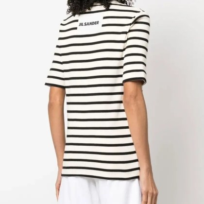 Jil Sander - Fine Ribbed Striped T-Shirt With Logo Patch - Größe M - beige – Bild 3