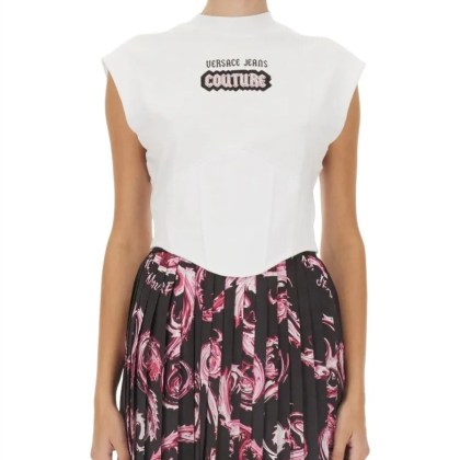 Versace Jeans Couture - White Top With Logo And Cap Sleeves - Größe L - weiß Versace Jeans Couture - White Top With Logo And Cap Sleeves - Größe L - weiß