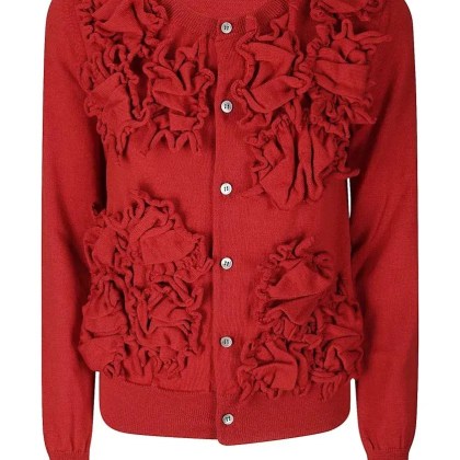 Comme des Garcons - Red Wool Sweater With Textured Floral Appliques - Größe M - rot Comme des Garcons - Red Wool Sweater With Textured Floral Appliques - Größe M - rot