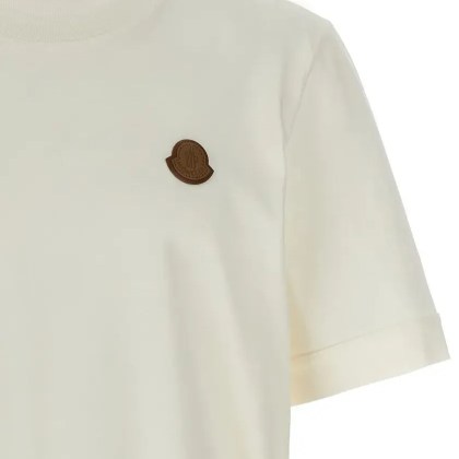 Moncler - Crewneck T-Shirt With Leather Logo Patch - Größe XL - beige – Bild 3