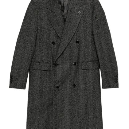 Lardini - Double-Breasted Black Herringbone Coat - Größe 52 - schwarz Lardini - Double-Breasted Black Herringbone Coat - Größe 52 - schwarz