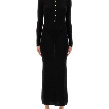Versace - Long Fitted Wool Dress With Gold-Tone Button - Größe 42 - schwarz Versace - Long Fitted Wool Dress With Gold-Tone Button - Größe 42 - schwarz