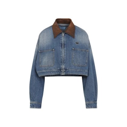 Prada - Cropped Denim Jacket With Contrasting Leather Coll - Größe 42 - blau Prada - Cropped Denim Jacket With Contrasting Leather Coll - Größe 42 - blau