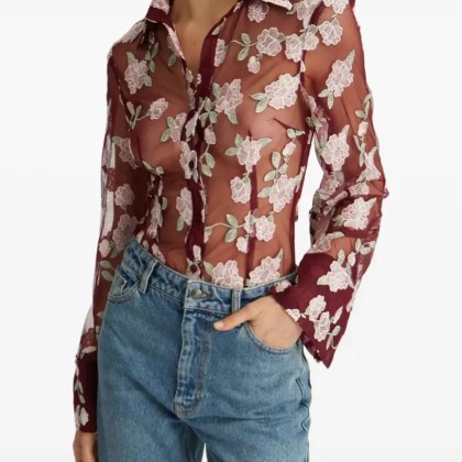 Rotate - Sheer Floral Embroidery Shirt With Classic Collar - Größe 36 - rot – Bild 4