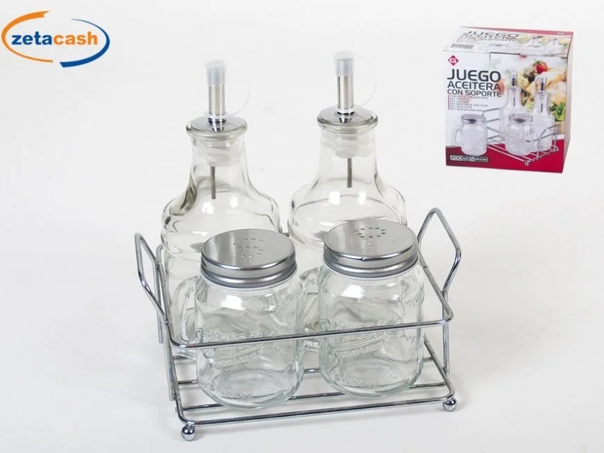 Juego Set Of 4 Oil,vinegar,salt,pepper In Metal And Glass- Size 17x13x