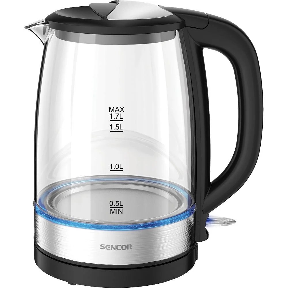 SENCOR GLASS KETTLE 1.7LT BLACK+ BRUSHED STAINLESS STEEL RING
