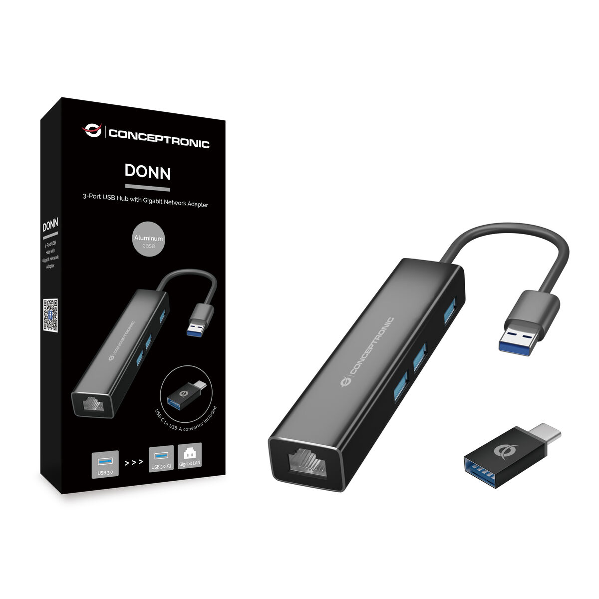 3-Port USB Hub Conceptronic DONN07BA Black (1 Unit)