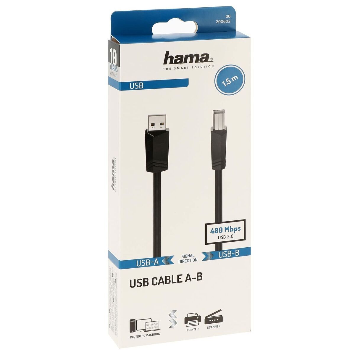 USB 2.0 A to USB B Cable Hama 00200602 Black