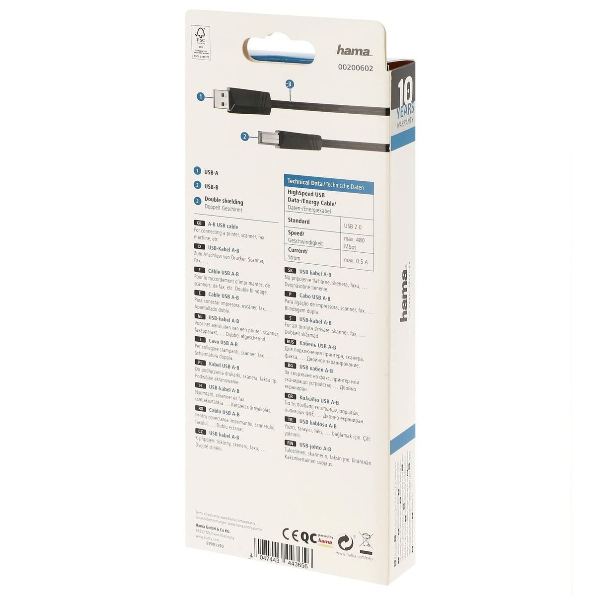 USB 2.0 A to USB B Cable Hama 00200602 Black