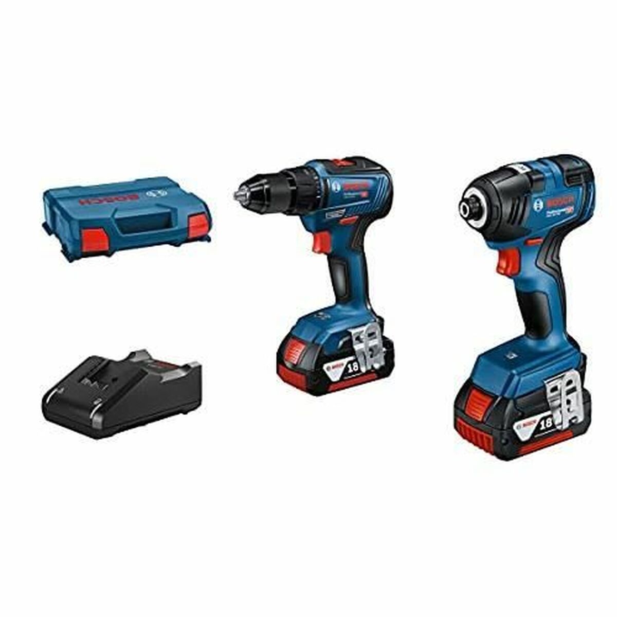 Drill and accessories set BOSCH GDR 18V-200 + GSR 18V-55 + GBA 18V 2×4.0Ah + GAL 18V-40 18 V