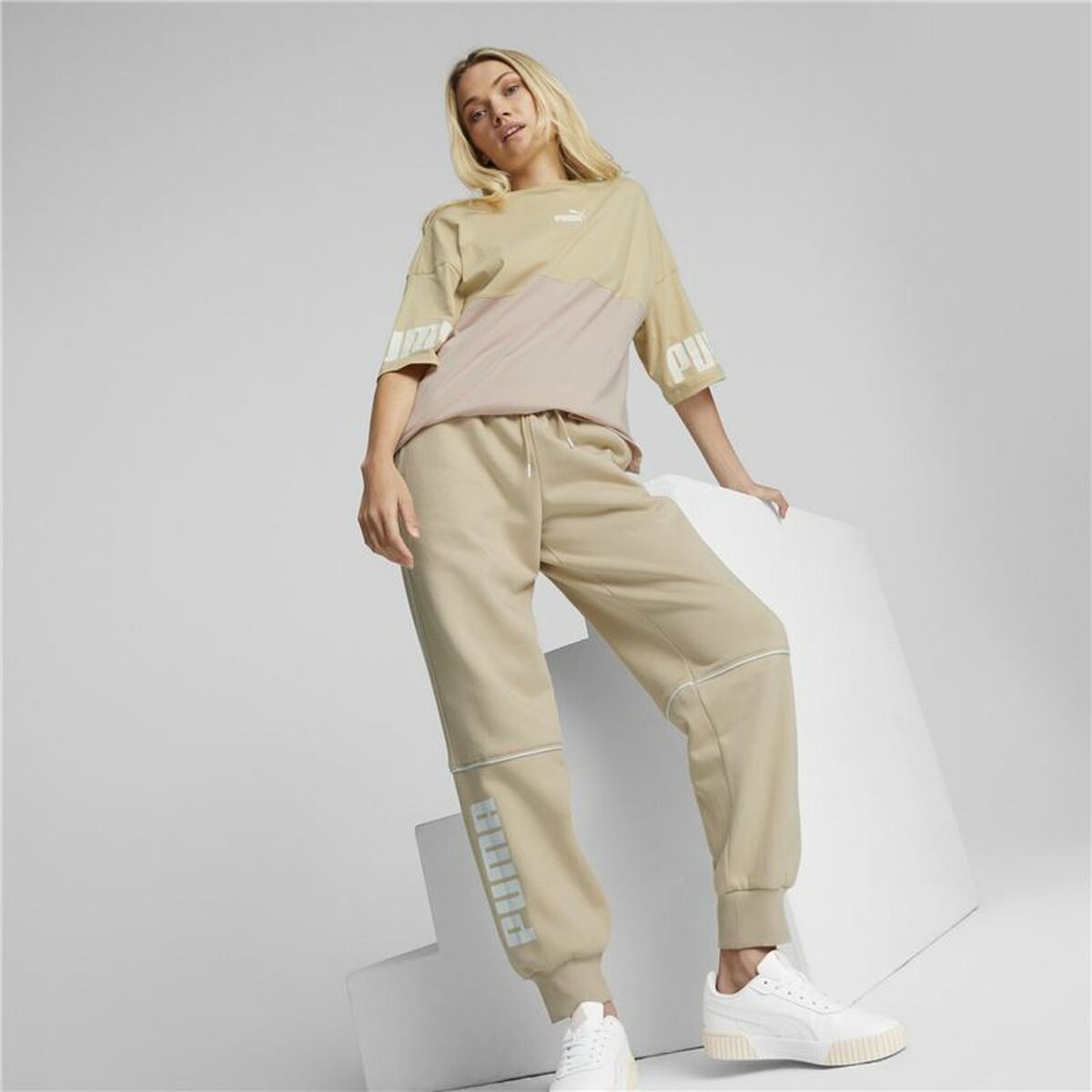 Adult’s Tracksuit Bottoms Puma Colorblock  Beige Lady