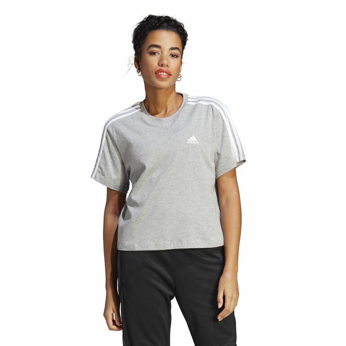 Womens Short Sleeve T-Shirt Adidas 3S Cropped Top Light grey (XS)