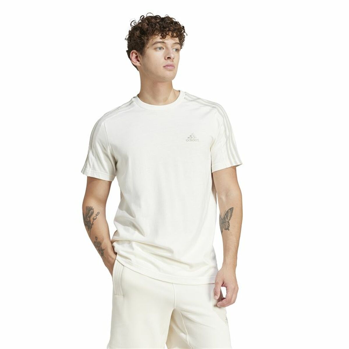 Mens Short Sleeve T-Shirt Adidas Essentials 3 Bandas White L