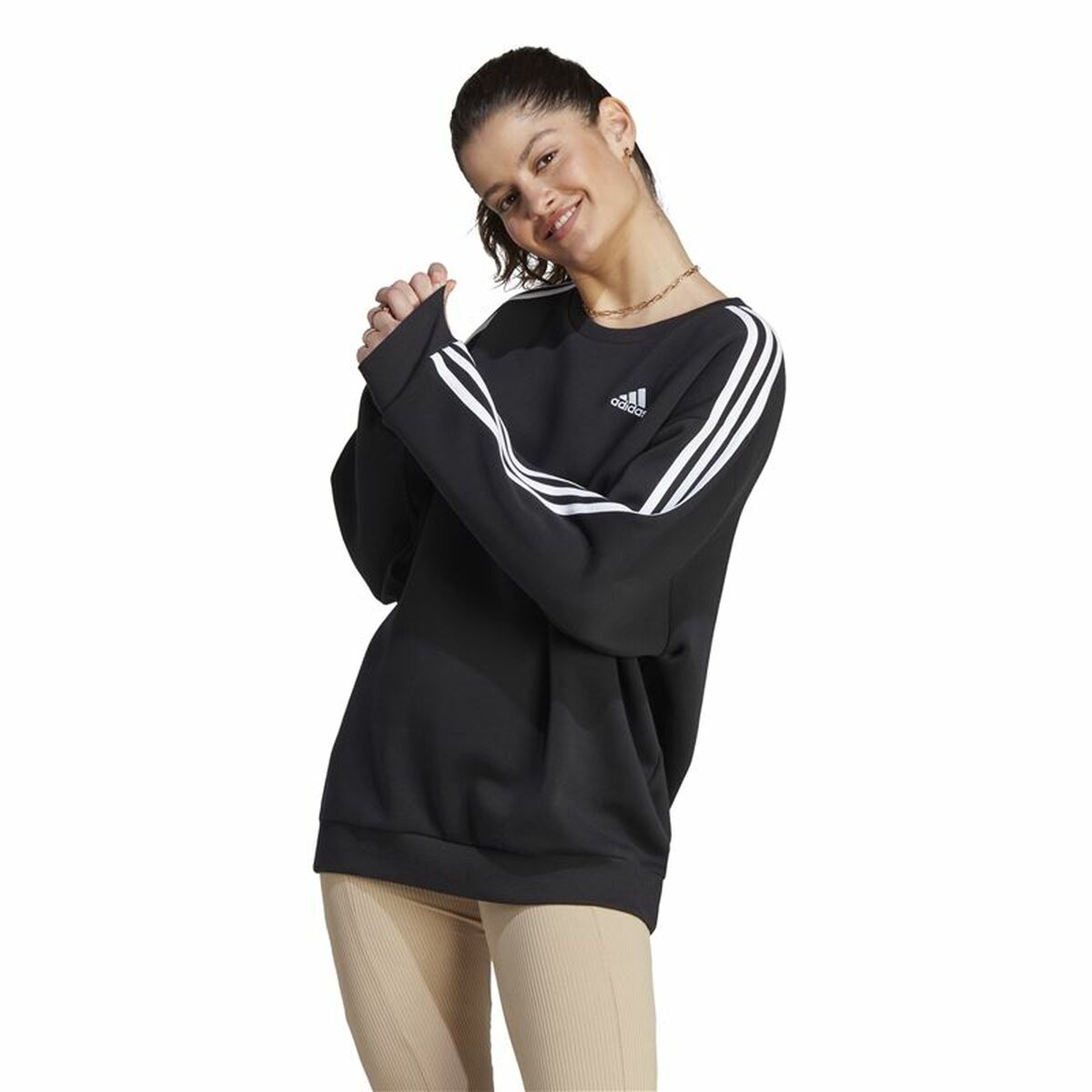 Womens Sweatshirt without Hood Adidas 3S Fl Os Swt Black L/XL