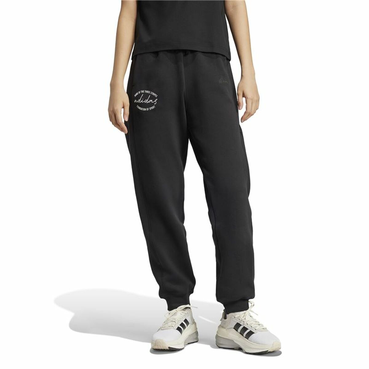 Long Sports Trousers Adidas Signature Graphic Print Fleece Loose Black Lady