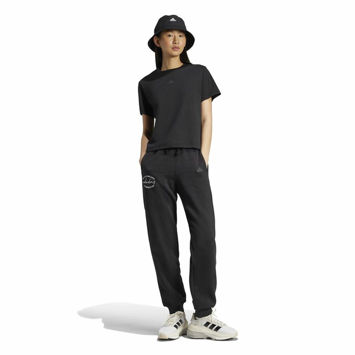 Long Sports Trousers Adidas Signature Graphic Print Fleece Loose Black Lady