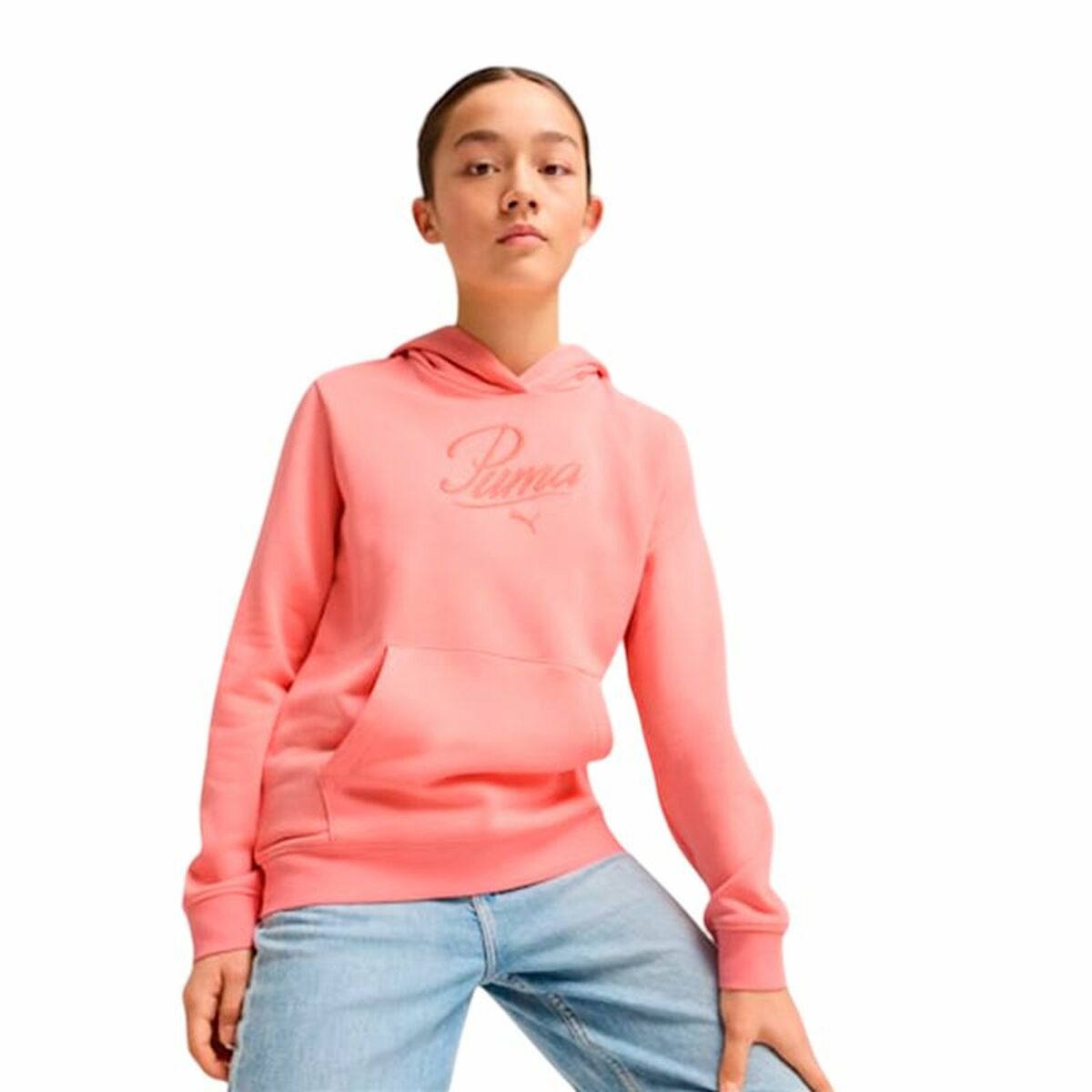 Hooded Sweatshirt for Girls Puma Puma Essentials Script Pink Coral