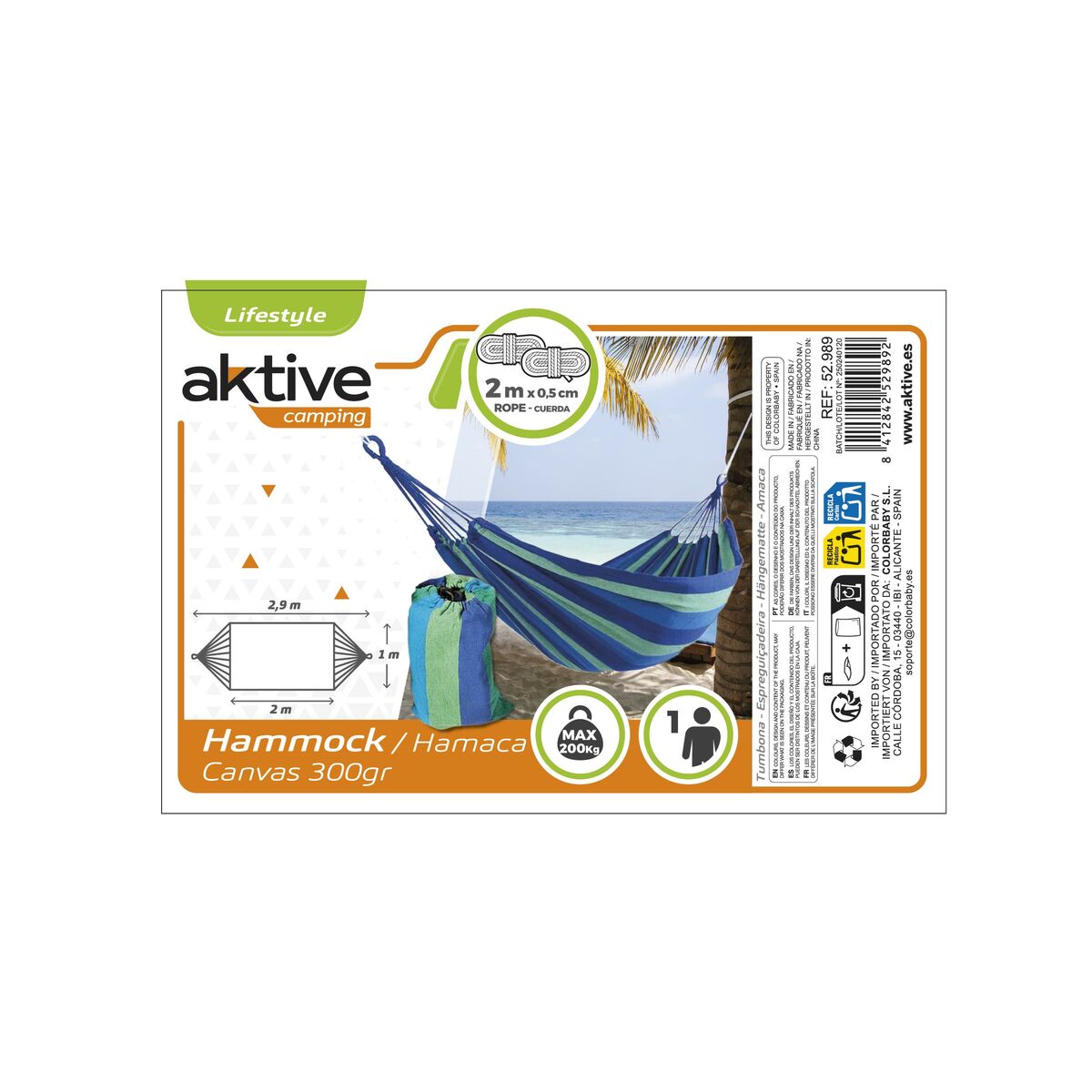 Hammock Aktive Blue 200 x 0,4 x 100 cm (6 Units)