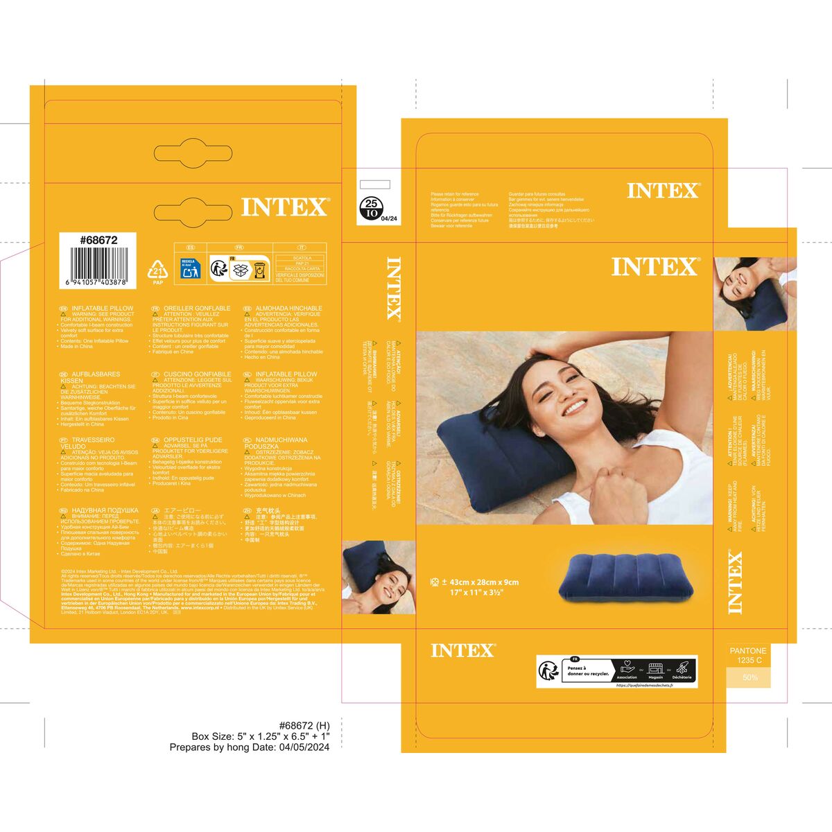 Pillow Intex Downy Pillow Inflatable Blue 43 x 9 x 28 cm (24 Units)