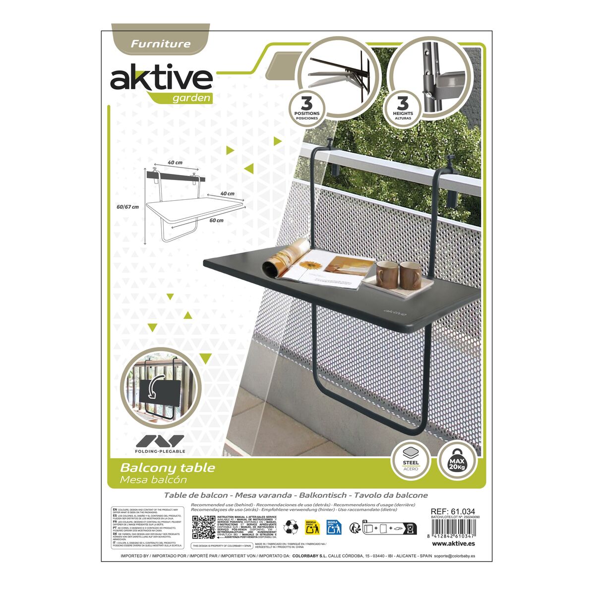 Folding Table Aktive For hanging on the balcony Steel 60 x 66,5 x 40 cm (4 Units)