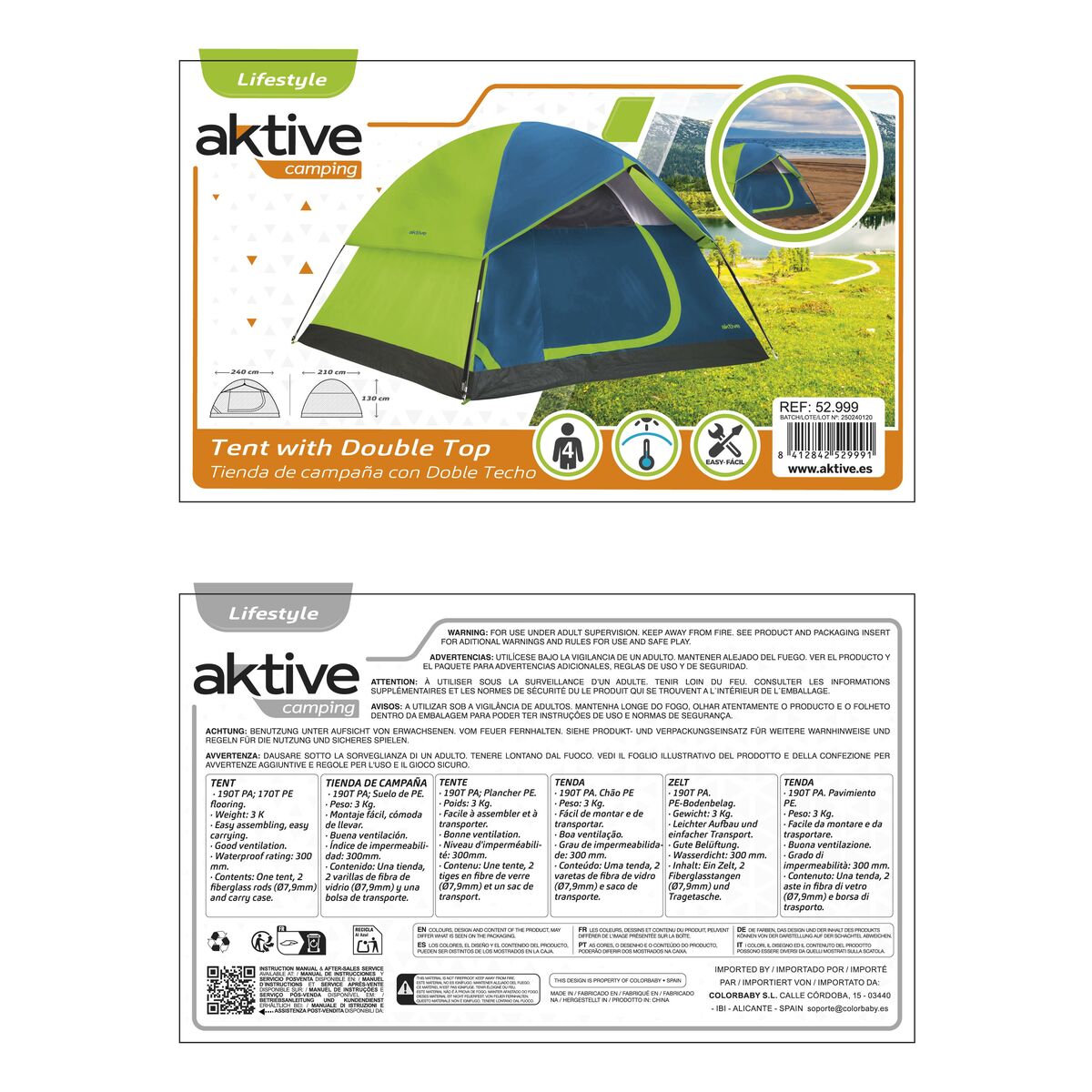 Tent Aktive 4 persons 240 x 130 x 210 cm (2 Units)