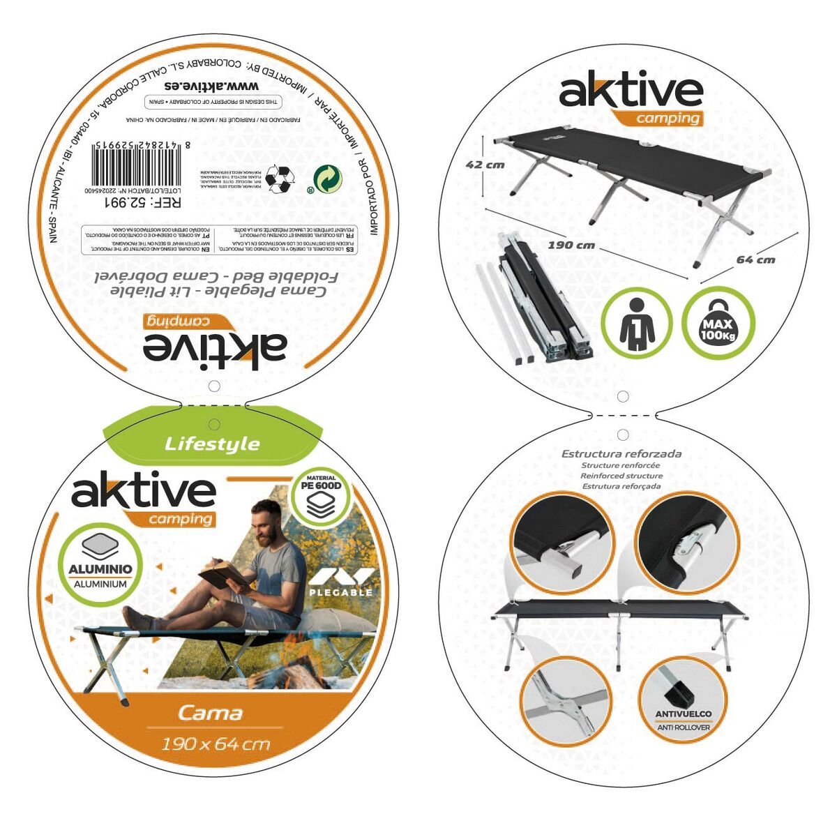 Bed Aktive Black Foldable 190 x 42 x 64 cm (2 Units)