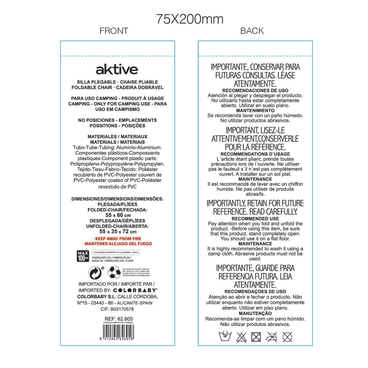 Folding Chair Aktive Gomera Blue 44 x 72 x 35 cm (4 Units)