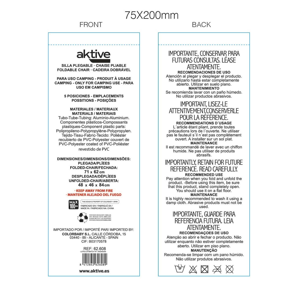 Folding Chair with Headrest Aktive Gomera Blue 48 x 84 x 46 cm (2 Units)