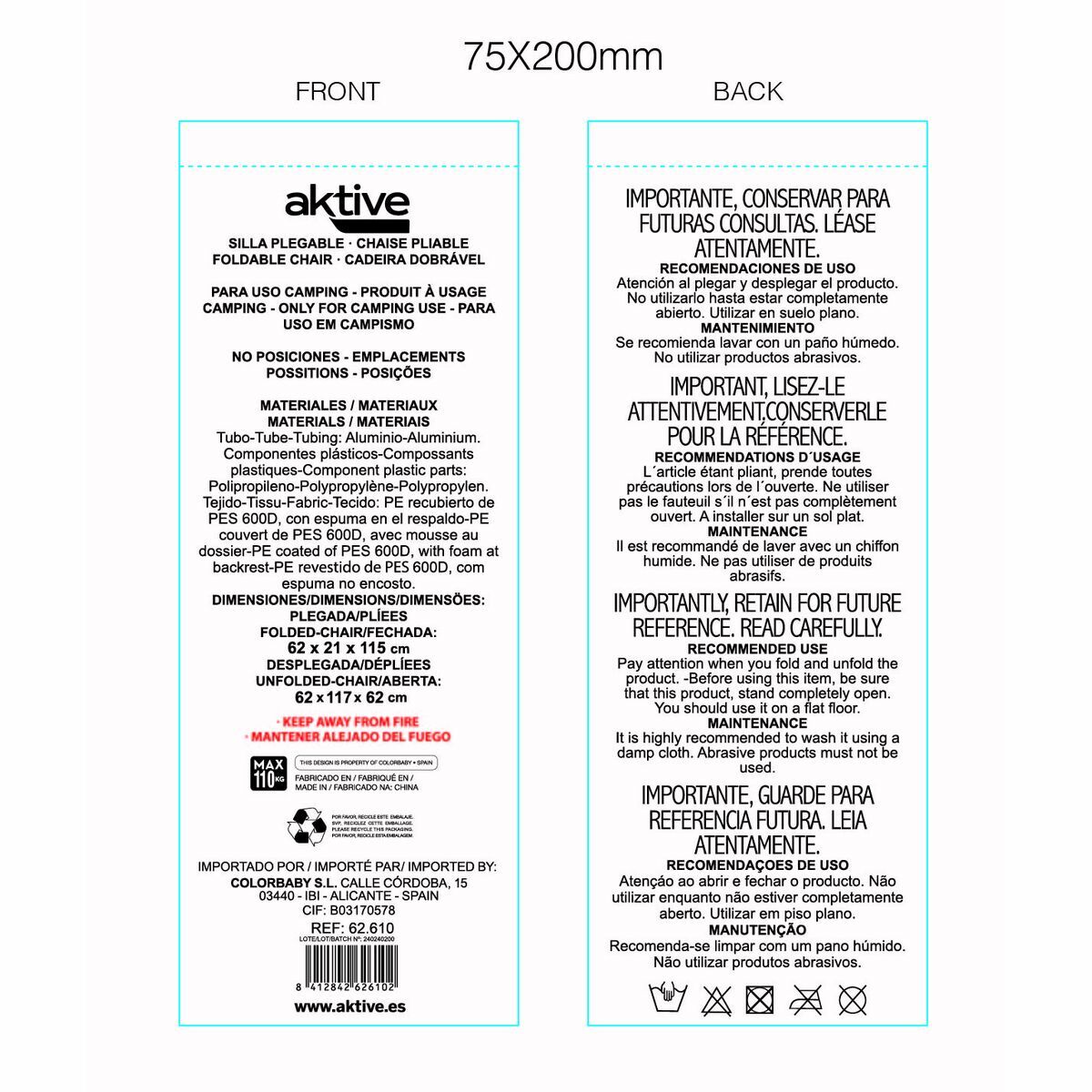 Folding Lounger Camping Chair Aktive Blue 62 x 62 x 117 cm Folding cart Awning (2 Units)