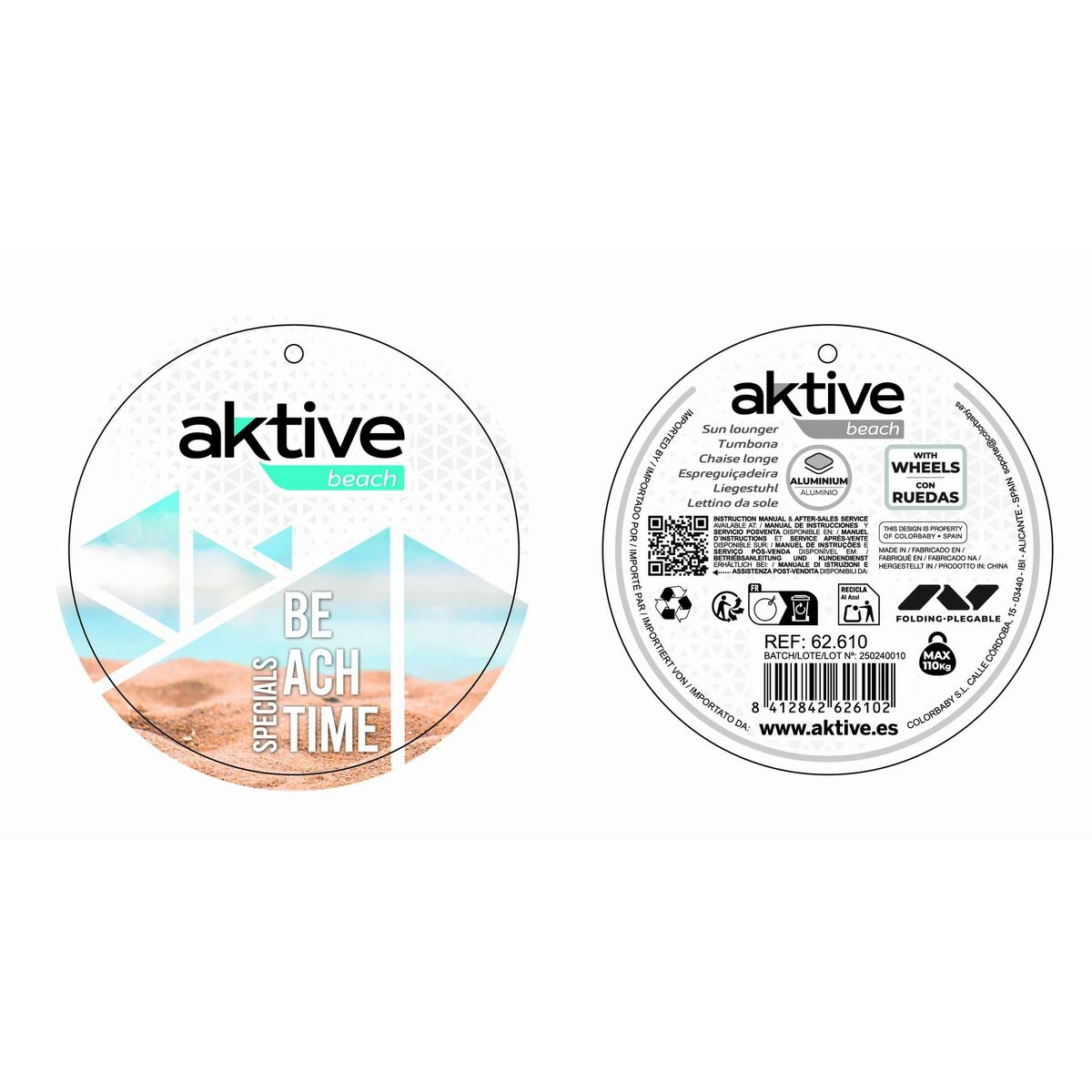 Folding Lounger Camping Chair Aktive Blue 62 x 62 x 117 cm Folding cart Awning (2 Units)