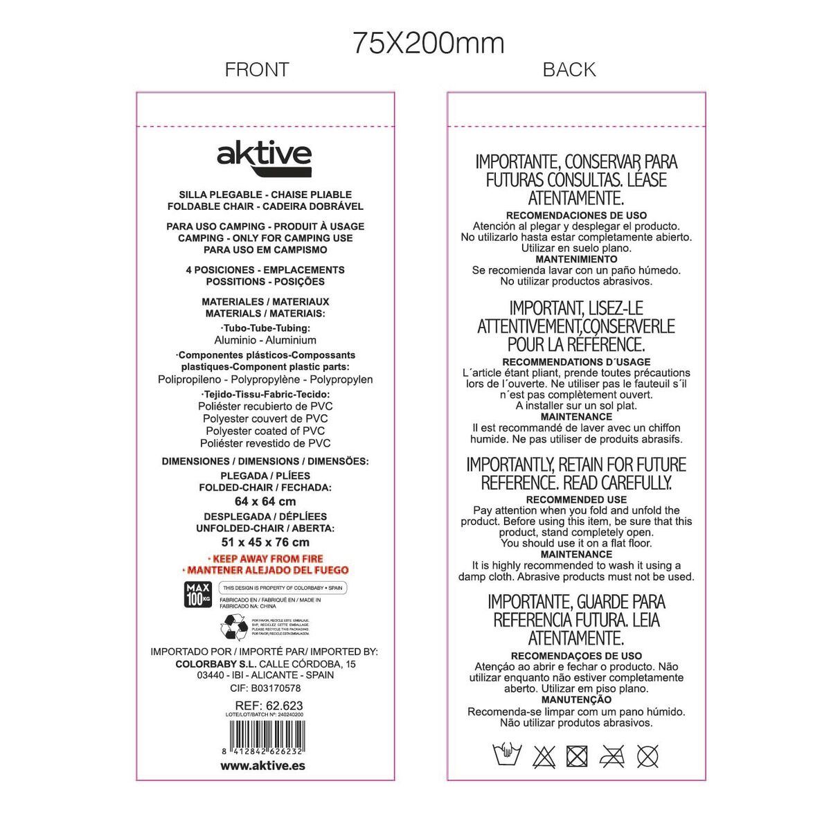 Folding Chair with Headrest Aktive Ibiza Beige 51 x 76 x 45 cm (2 Units)