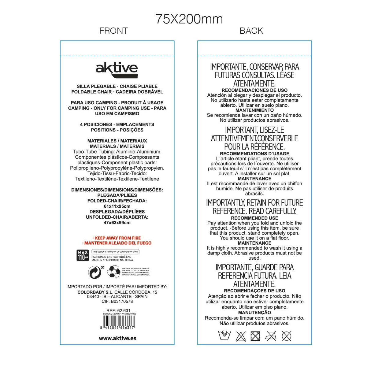 Folding Chair with Headrest Aktive 47 x 99 x 63 cm Blue (2 Units)