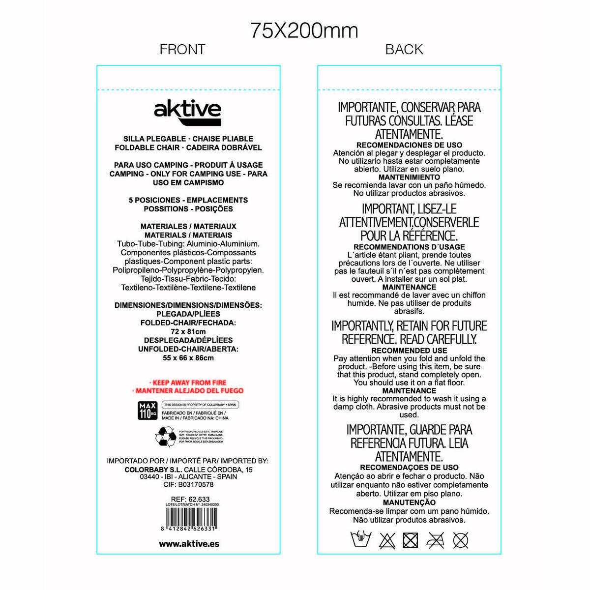 Folding Chair with Headrest Aktive Blue 55 x 86 x 66 cm (2 Units)