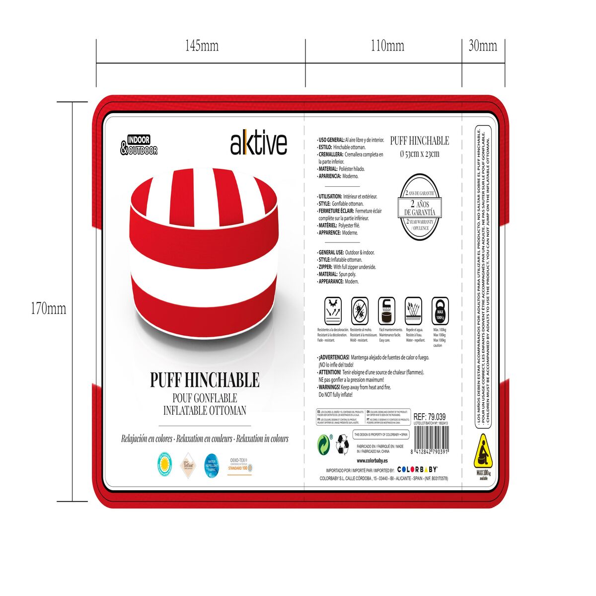Inflatable Puff Aktive Striped Colonial 53 x 23 x 53 cm (4 Units)