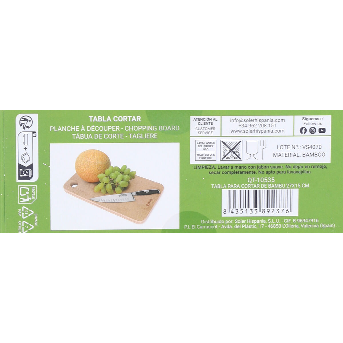 Cutting board Quttin Quttin Bamboo 27 x 15 x 1,5 cm (12 Units) (27 x 15 cm)