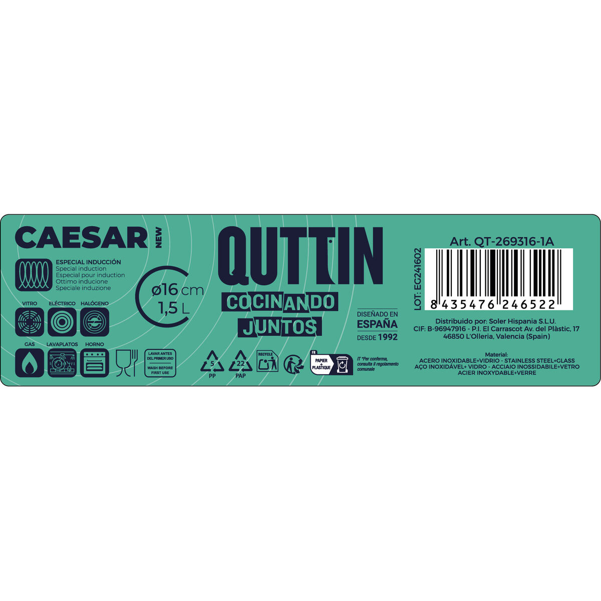 Casserole Quttin 139494 With lid Steel Ø 16 x 7 cm (6 Units) (16 cm) (1,5 L)