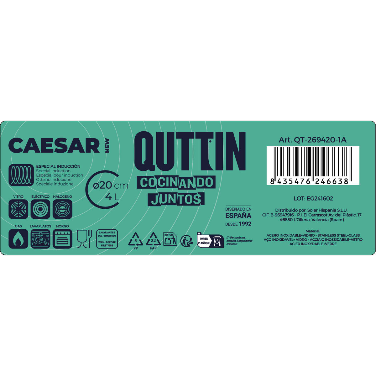 Pot with Glass Lid Quttin Caesar Steel ø 20 x 13,5 cm (6 Units)