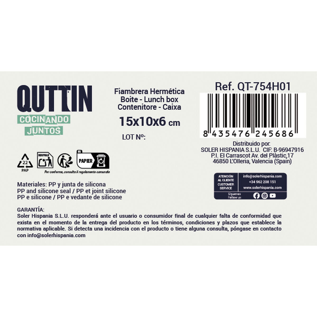 Hermetic Lunch Box Quttin 500 ml Rectangular 15 x 10 x 6 cm (12 Units)