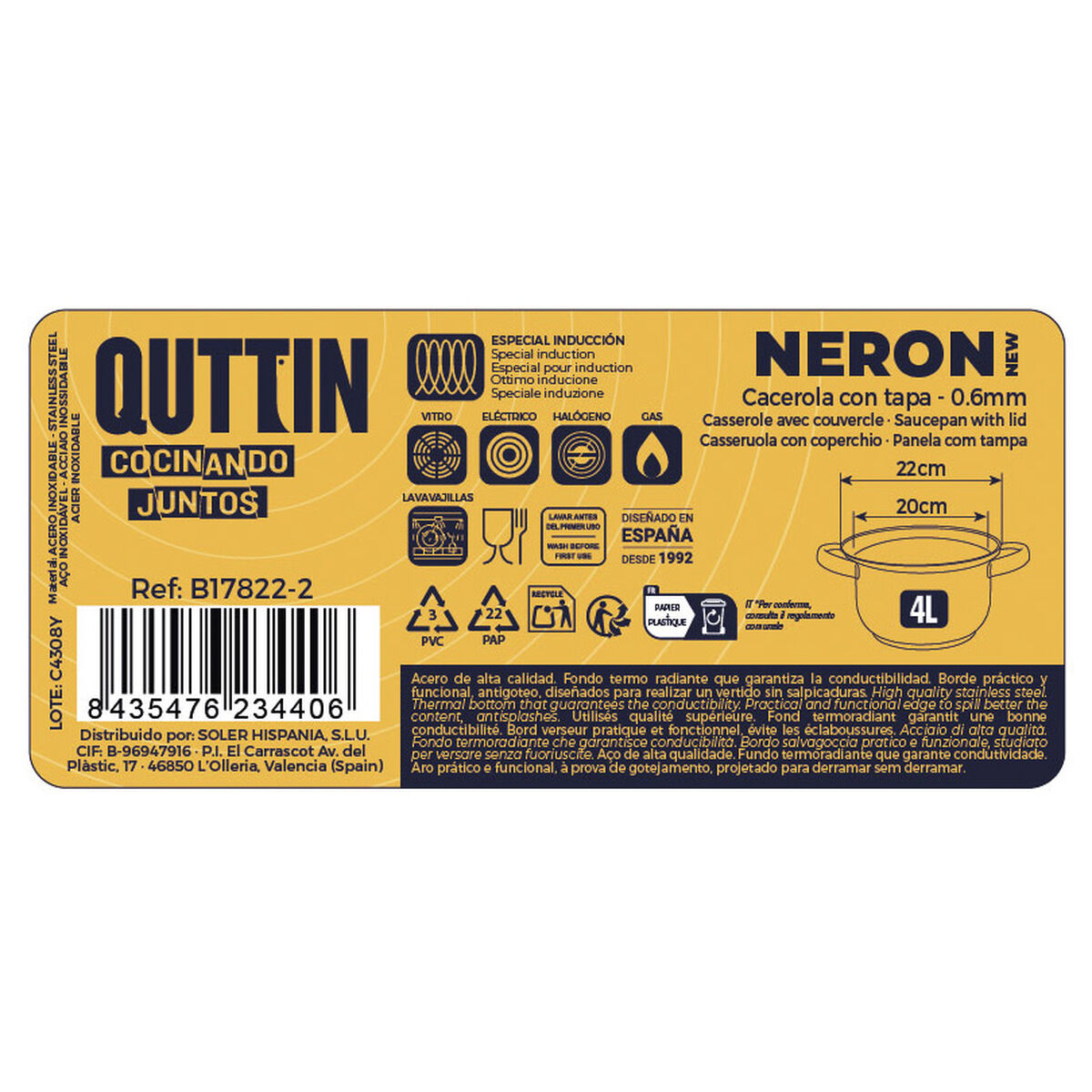 Casserole with lid Quttin New neron Steel 4 L Ø 22 cm 30 x 22 x 12 cm (4 Units)