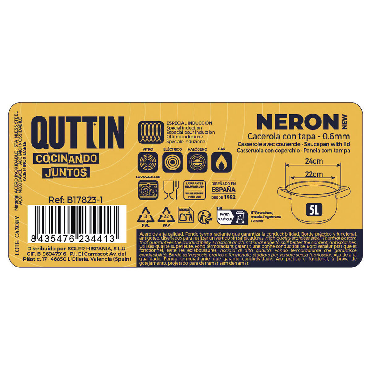 Casserole with glass lid Quttin New Neron Steel 32 x 23,5 x 12,8 cm (6 Units)
