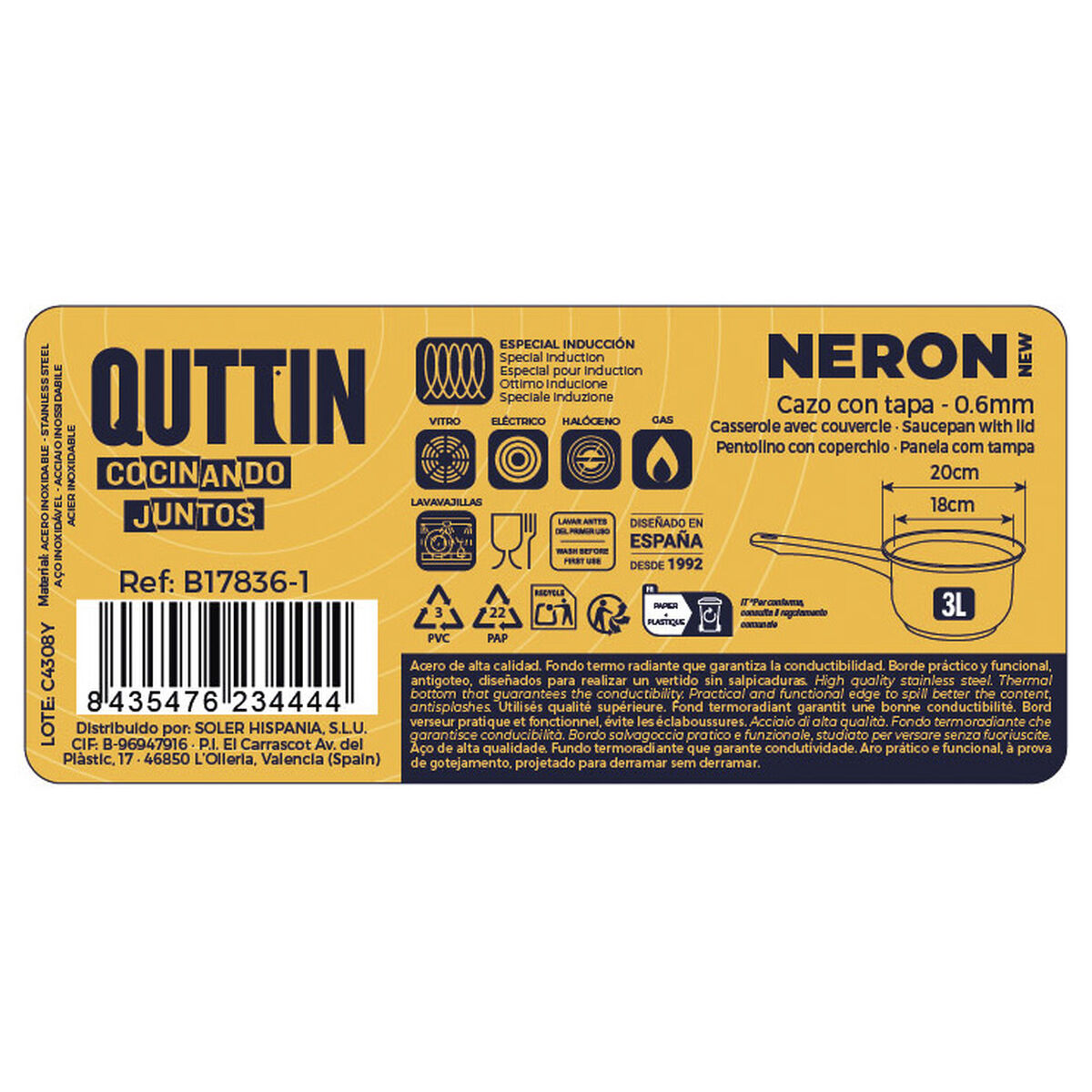 Saucepan with Lid Quttin New Neron Steel 35 x 19,5 x 10,5 cm (8 Units)