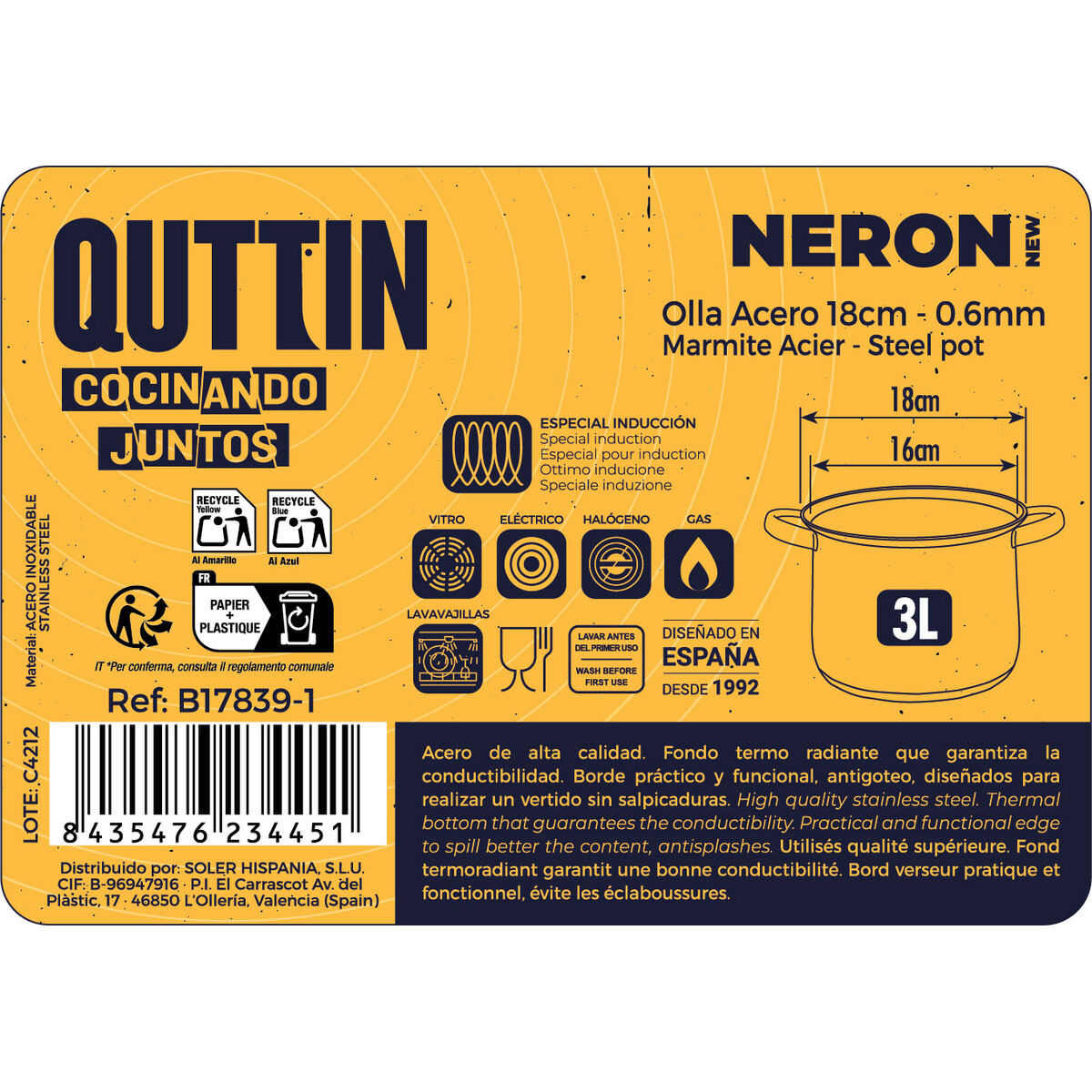 Pot with Glass Lid Quttin New Neron Steel 17,5 x 13,2 cm (4 Units)