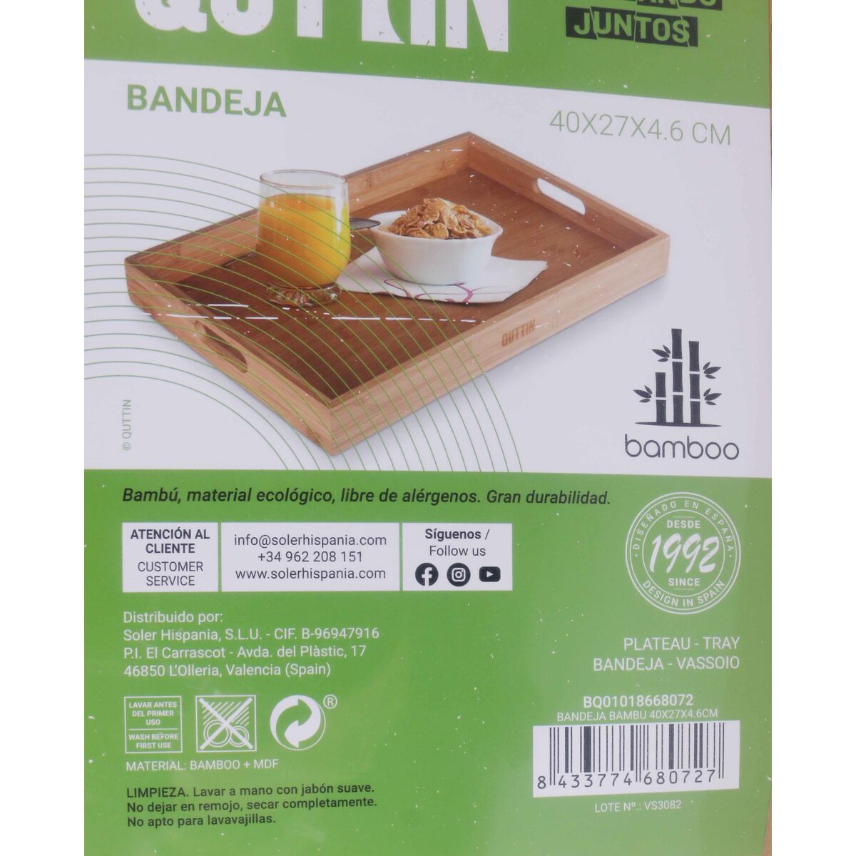 Tray Quttin 62326 Bamboo 40 x 27 x 4,6 cm (6 Units)