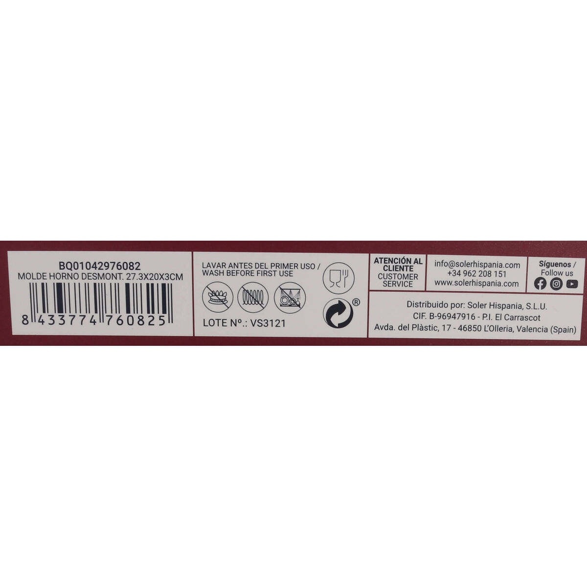 Springform Pan Quttin Rectangular 27,3 x 20 x 3 cm (6 Units)