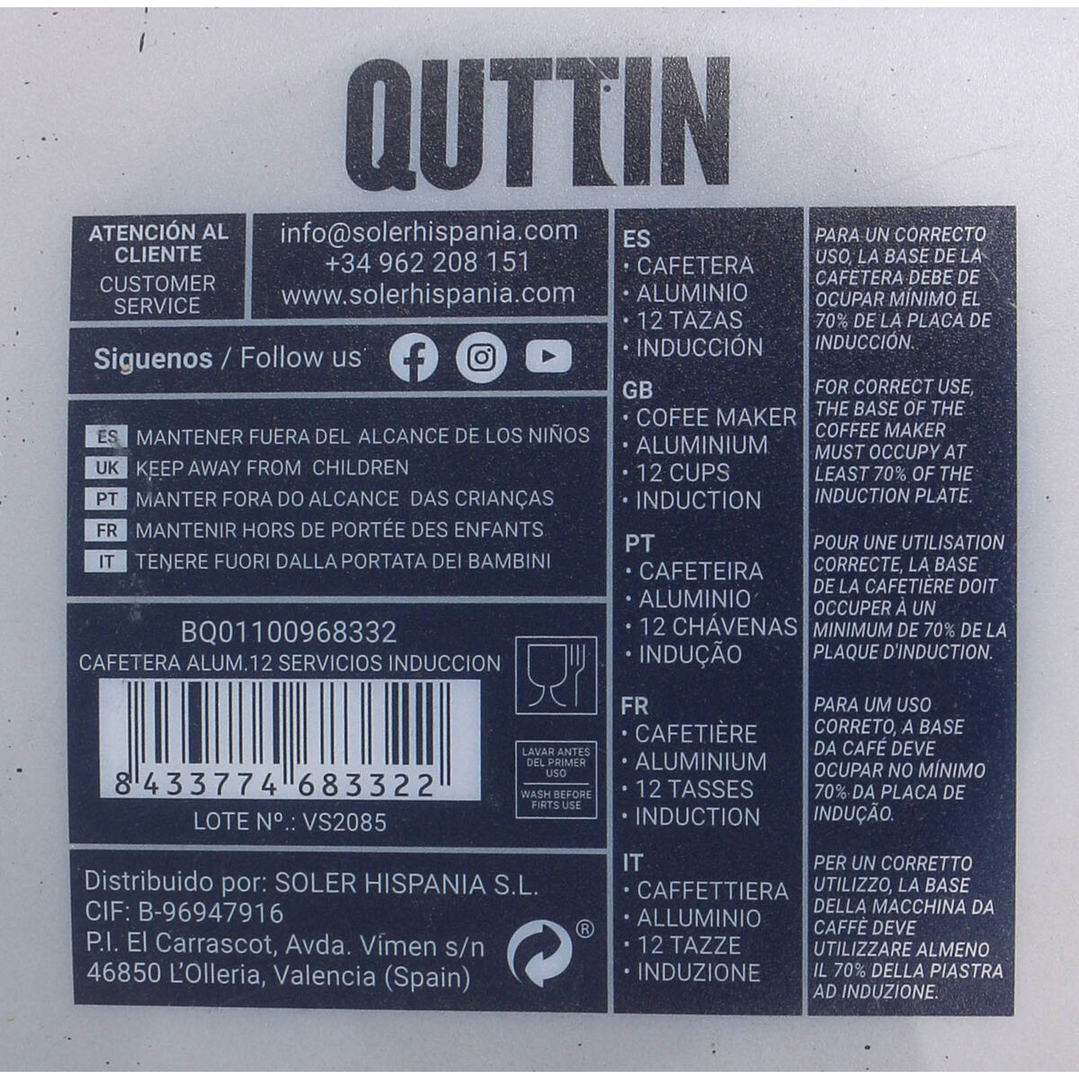 Italian Coffee Pot Quttin Aluminium 12 Cups (6 Units)